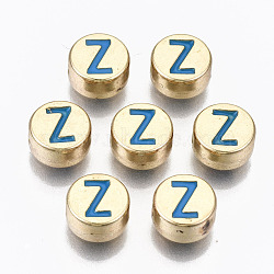 Alloy Enamel Beads, Cadmium Free & Lead Free, Flat Round with Initial Letters, Light Gold, Dodger Blue, Letter.Z, 8x4mm, Hole: 1.5mm(X-ENAM-S122-029Z-RS)