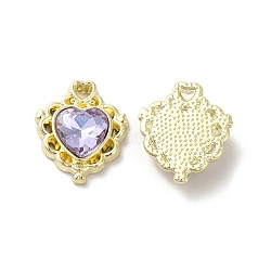 Alloy Pendant, with Glass, Light Gold, Lead Free & Cadmium Free, Heart Charm, Lavender, 17x15x5mm, Hole: 1.5x2mm(PALLOY-K001-097G-01)