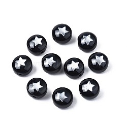 Handmade Lampwork Beads, with Platinum Plated Brass Embellishments, Flat Round with Star, Black, 8x5mm, Hole: 0.8mm(LAMP-N030-001-02)