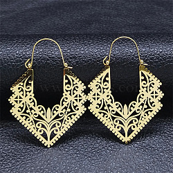 304 Stainless Steel Hollow Rhombus Hoop Earrings, Bohemia Theme Earrings, Golden, 50x35x1mm(EJEW-P248-05G)