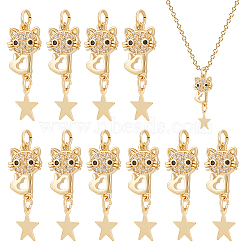 BENECREAT 10Pcs Eco-friendly Brass Micro Pave Clear Cubic Zirconia Pendants, with Jump Ring, Cadmium Free & Lead Free, Cat with Star, Real 18K Gold Plated, 23x9.5mm, Hole: 3.2mm, Jump Ring: 5x0.9mm(KK-BC0010-40)