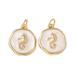 Brass Pendants, with Enamel, Flat Round with Sea Horse Charms, Cadmium Free & Lead Free, Rack Plating, Long-Lasting Plated, with Jump Ring, Real 18K Gold Plated, Old Lace, 16.5x13.5x2.5mm, Hole: 3.5mm(KK-C143-37B-02)