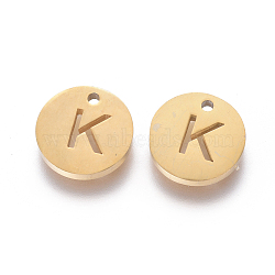 304 Stainless Steel Charms, Ion Plating (IP), Flat Round, Letter.K, 10x1.5mm, Hole: 1mm(STAS-F227-11K-G)