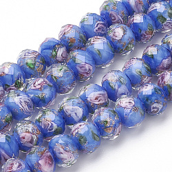 Handmade Gold Sand Lampwork Beads Strands, Inner Flower, Faceted Rondelle, Cornflower Blue, 8x6mm, Hole: 1mm, about 70pcs/strand, 17.3 inch(LAMP-R141-8mm-05)