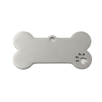 Non-Tarnish 304 Stainless Steel Pendants, Laser Cut, Dog Bone with Paw Print Charm, Stainless Steel Color, 24.5x50x1mm, Hole: 2.5mm