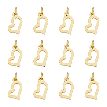 12Pcs Ion Plating(IP) 304 Stainless Steel Charms, with Jump Ring, Laser Cut, Hollow, Heart, Golden, 8x4.5x0.8mm, Jump Ring: 3x0.5mm, 1.4mm Inner Diameter