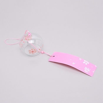 Japanese Round Painting Glass Wind Chimes, with Polyester Cord, Plastic Beads, Rectangle Paper Card, Sakura Pattern, 400mm
