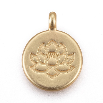 Tibetan Style Alloy Pendants, Flat Round with Lotus, Lead Free & Nickel Free & Cadmium Free, Real 18K Gold Plated, Matte Gold Color, 20x15x4.5mm, Hole: 1.5mm