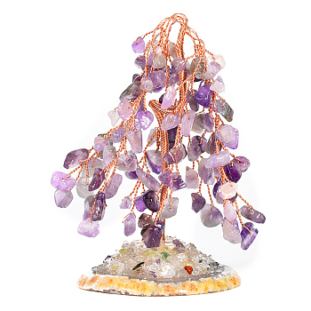 Natural Amethyst Display Decoration, with Brass Wire, Agate Slice Base, for Home Desk Decorations, Tree of Life, 50~70x100mm