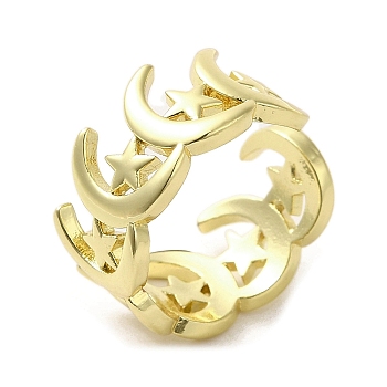 Rack Plating Brass Finger Ring, Cuff Ring, Long-Lasting Plated, Cadmium Free & Lead Free, Moon, Real 18K Gold Plated, Inner Diameter: 16.8mm