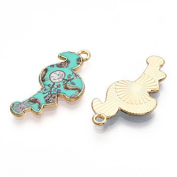 Printed Light Gold Tone Alloy Pendants, Flamingo Charms, Turquoise, 28.5x14x2mm, Hole: 1.5mm
