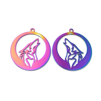 Ion Plating(IP) 304 Stainless Steel Pendants, Flat Round with Wolf Charm, Rainbow Color, 37x34x1.5mm, Hole: 2mm