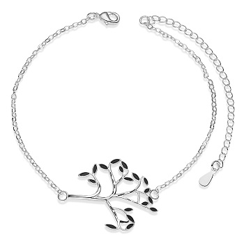 SHEGRACE Brass Link Anklets, with Epoxy Resin and Cable Chains, Tree, Platinum, Black, 8-1/4 inch(21cm)