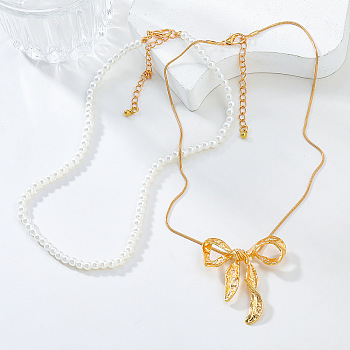 Fashionable Necklace Sets, Alloy Bowknot Pendant Necklace & Plastic Pearl Beaded Necklaces for Women, Golden, 16.77~17.09 inch(42.6~43.4cm), 2pcs/set