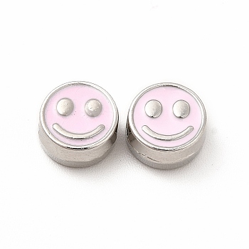 Rack Plating Alloy Enamel Beads, Cadmium Free & Nickel Free & Lead Free, Flat Round with Smiling Face Pattern, Platinum, Pearl Pink, 7.5x4mm, Hole: 2mm