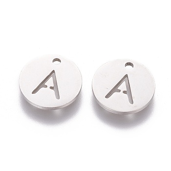 201 Stainless Steel Charms, Flat Round with Letter, Stainless Steel Color, Letter.A, 12x1mm, Hole: 1.5mm