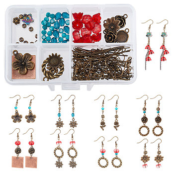 SUNNYCLUE 169 Pieces DIY Retro Flower Themed Earrings Making Kits, Including Alloy Pendants & Beads & Linking Rings, Acrylic & Glass & Synthetic Hematite Beads, Brass Findings, Antique Bronze, 23x19x3.5mm, Hole: 1.8mm