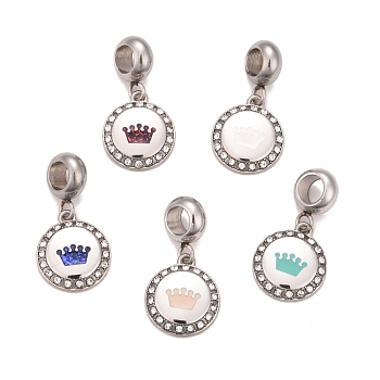 304 Stainless Steel Crystal Rhinestone European Dangle Charms, Large Hole Pendants, with Enamel and Fluorescence Slice, Stainless Steel Color, Flat Round with Crown, Mixed Color, 24mm, Hole: 4.5mm