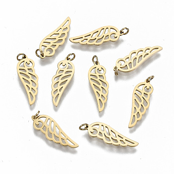 304 Stainless Steel Pendants, with Jump Rings, Laser Cut, Wing, Real 14K Gold Plated, 17x5.5x1mm, Jump Ring: 3x0.4mm, 2.2mm inner diameter