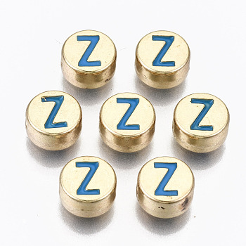 Alloy Enamel Beads, Cadmium Free & Lead Free, Flat Round with Initial Letters, Light Gold, Dodger Blue, Letter.Z, 8x4mm, Hole: 1.5mm