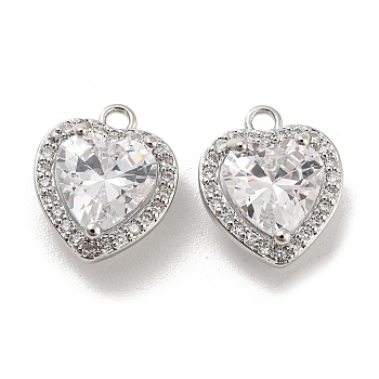 Brass Micro Pave Cubic Zirconia Charm, with Glass, Heart, Real Platinum Plated, 12x10x4.7mm, Hole: 1.4mm