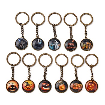 Alloy Keychain, with Glass, Flat Round with Halloween, Mixed Pattern, Antique Bronze, 80x25mm