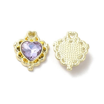 Alloy Pendant, with Glass, Light Gold, Lead Free & Cadmium Free, Heart Charm, Lavender, 17x15x5mm, Hole: 1.5x2mm