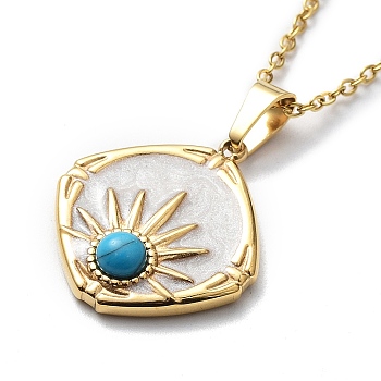 Synthetic Turquoise Rhombus with Sun Pendant Necklace with Enamel, Ion Plating(IP) 304 Stainless Steel Necklace, Golden, 15.94 inch(40.5cm)