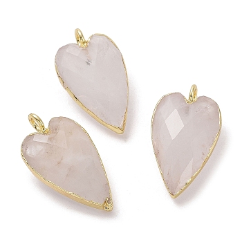 Natural Quartz Crystal Pendants, Rock Crystal Pendants, Faceted Heart Charms, with Golden Plated Brass Edge Loops, 22.5x13x7.5mm, Hole: 3mm
