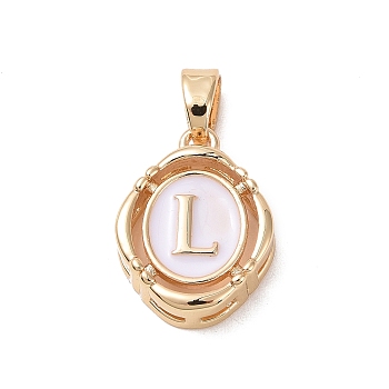 304 Stainless Steel Enamel Pendants, Oval with Letter, Golden, White, Letter.L, 15.5x11.5x4mm, Hole: 4.5x2.5mm