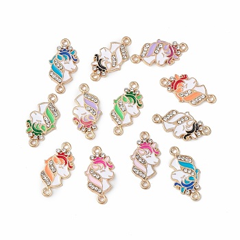 Alloy Enamel Connector Charms, Unicorn Links with Crystal Rhinestone, Light Gold, Cadmium Free & Nickel Free & Lead Free, Mixed Color, 23x11.5x2mm, Hole: 1.6mm