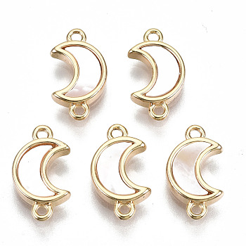Brass Links Connectors, with White Sea Shell, Nickel Free, Moon, Real 18K Gold Plated, 12x7x2mm, Hole: 1.2mm