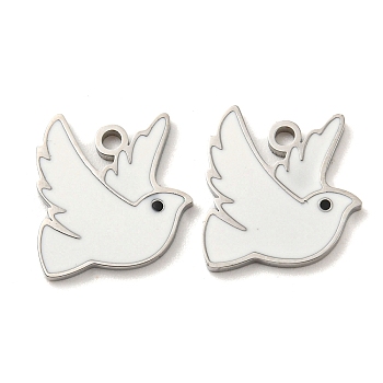 316 Surgical Stainless Steel Charms, with Enamel, Pigeon Charm, Stainless Steel Color, White, 13.5x12.5x1mm, Hole: 1.5mm