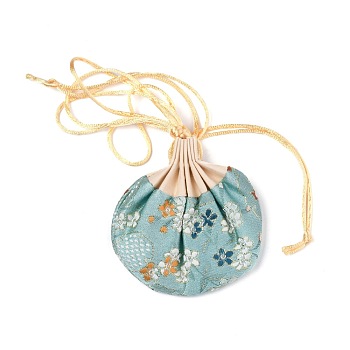 Chinese Brocade Sachet Coin Purses, Drawstring Floral Embroidered Jewelry Bag Gift Pouches, for Women Girls, Aquamarine, 9.2x12cm