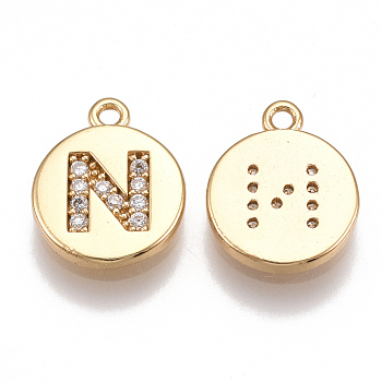 Brass Cubic Zirconia Charms, Flat Round with Letter, Nickel Free, Real 18K Gold Plated, Clear, Letter.N, 12x10x2mm, Hole: 1mm