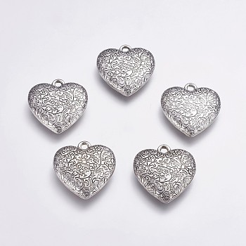 CCB Plastic Pendants, Heart with Flower, Antique Silver, 32.5x30x7mm, Hole: 3mm