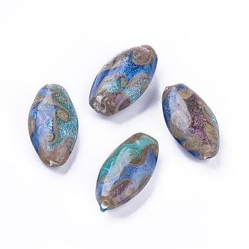 Handmade Foil Glass Lampwork Beads, Oval, Medium Blue, 26~30x14~17x7.5~12mm, Hole: 1.6mm