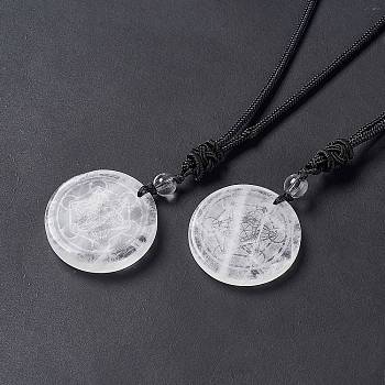Natural Quartz Crystal Flat Round with Hexagon Pendant Necklace with Nylon Cord for Women, 25.59~27.95 inch(65~71cm)