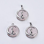 Natural Rose Quartz Kitten Pendants, with Brass Findings, Flat Round with Cat & Crescent Moon Shape, Platinum, 32x27.5x10mm, Hole: 5x7mm(X-G-K234-D13)