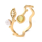 Brass Imitation Gemstone Open Cuff Rings for Women, Leaf, with Plastic Pearl, Golden, 17mm(RJEW-K261-09G)