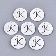 Natural Freshwater Shell Charms, Flat Round with Hollow Out Letter, Letter.K, 14.5x1.5mm, Hole: 0.9mm(X-SHEL-S276-119K)