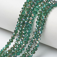Electroplate Glass Beads Strands, Half Plated, Rainbow Plated, Faceted, Rondelle, Teal, 6x5mm, Hole: 1mm, about 85~88pcs/strand, 16.1~16.5 inch(41~42cm)(EGLA-A034-T6mm-J01)