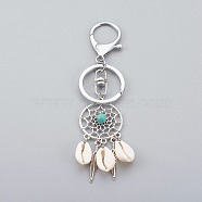Cowrie Shell Keychain, with Tibetan Style Alloy Findings, Synthetic Turquoise Beads, Alloy Key Clasps, Seashell Color, Antique Silver & Platinum, 115mm(KEYC-JKC00179)