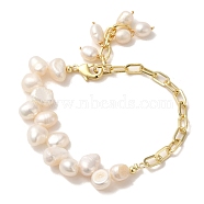 Natural Pearl Charm Bracelets, with Brass Paperclip Chains, Real 14K Gold Plated, 6-3/8 inch(16.2cm)(BJEW-C051-06G)
