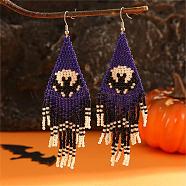 Halloween Style Bat Pattern Glass Bead Handmade Earrings for Women, Blue, 110x38mm(TE2769)