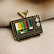 Light Gold Plated Alloy Enamel Pendants, Television, Pendant Accessories, Square, Black, 20x20mm(PALLOY-CJC0007-17)