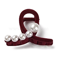 Flocking Plastic Claw Hair Clip, with Plastic Imitation Pearls, for Women Girls Thick Hair, Dark Red, 82x60x47mm(PHAR-D015-02A)