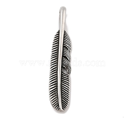 304 Stainless Steel Big Pendants, Feather Charm, Antique Silver, 70x13x5mm, Hole: 5x10mm(STAS-G346-02AS)