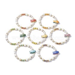 7Pcs 7 Colors Round Synthetic Lava Rock & Shell Pearl Beaded Stretch Bracelet Sets, Handmade Printed Porcelain Fish Stackable Bracelets for Women Men, Mixed Color, Inner Diameter: 2-1/8 inch(5.3cm), Round: 4~8mm, 1pc/color(BJEW-JB10377)