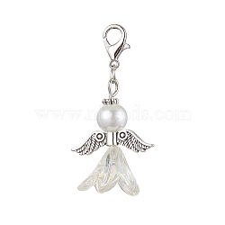 Wedding Season Angel Glass Pearl & Acrylic Pendant Decorations, Zinc Alloy Lobster Claw Clasps Charms for Bag Key Chain Ornaments, White, 44mm, Pendant: 30x22x16mm(HJEW-JM01921)